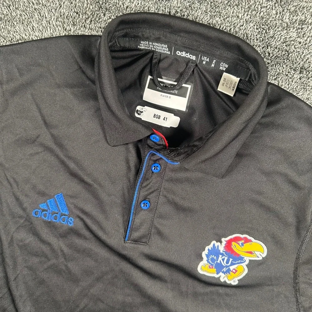Kansas Jayhawks Adidas Polo Shirt Mens M Black Big 12 NCAA Team Issued